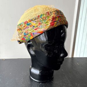 Vintage 1950s Straw Pillbox Hat with Colorful Pleats & Netting Veil